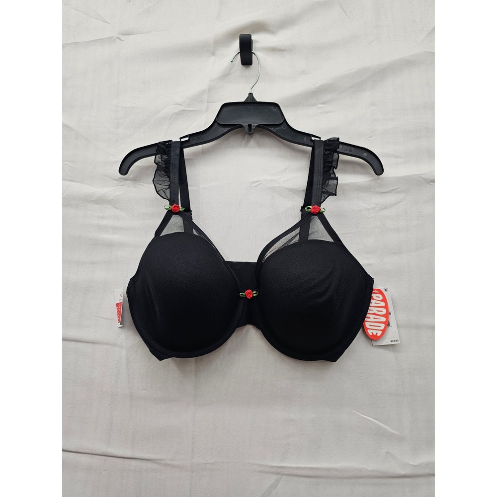 Parade Eightballβ Mesh Ruffle Rose Bra Black PR142T L+ New